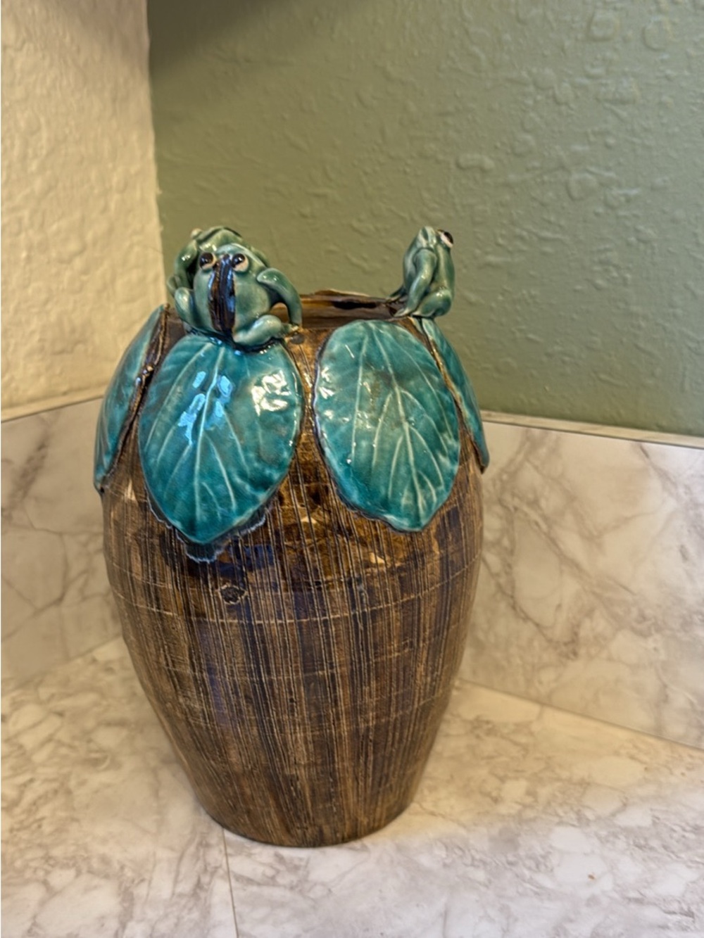 Ceramic Frog & Leaf Accent Vase - Turquoise and Brown